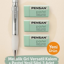 Metalik Gri 0.7 Versatil Kalem + Pastel Yeşil Silgi 3'lü Set Metalik Gri