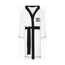 Dolce & Gabbana Casa Unisex Logo Işlemeli Kapüşonlu Bornoz, Pamuklu, Yumuşak Beyaz