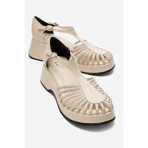 Luvishoes Barry Bej Örgü Detaylı Kadın Dolgu Topuklu Sandalet Bej