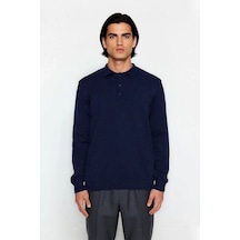 Ersefa Erkek Smart Casual Polo Yaka Düz Triko Kazak Kış Kombinlerine Mod Lacivert