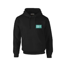 Squid Game-Number 001 Göğüs Logo Siyah Erkek Fermuarsız Kapşonlu