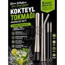 Paslanmaz Çelik Kokteyl Tokmağı Muddler Seti 5 Parça 1 Muddler, 2 Metal Pipet, 2 Temizleme Fırçası Mojito, Kokteyl, Bar Ve Kahve Ezici Krom