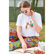 Oversize Baskılı Crop Tişört - Beyaz Çok Renkli