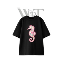 Thewert Floral Watercolor Seahorse Tasarım Baskılı Ünisex Siyah Oversize T-shirt