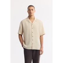 Avva Erkek Bej Apaj Yaka %100 Keten Kısa Kollu Oversize Fit Gömlek A51y2209