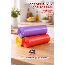 30 Adet Büyük Boy Büzgülü Çöp Torbası - Ekstra Sağlam - Limon, Lavanta, Çilek Kokulu - Renkli 65x70