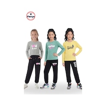 Panios Kids 3'lü Yuvarlak Yaka Sweatshirt Siyah Eşofmanlı Baskı Detaylı 6 Parça Kız Çocuk Alt Üst Takım Gri - Sarı