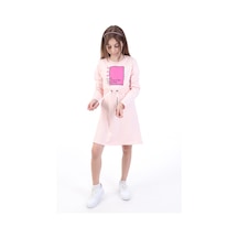 Toontoy Kız Çocuk Baskılı Relax Fit Bisiklet Yaka Uzun Kollu Bağcıklı Elbise - Pudra