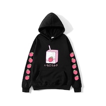 Gri Çilek Süt Karikatürhoodies Kawaii İçin Siyah