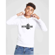Tshirthane Doctor Who Logo Baskılı Unisex Çocuk Kapüşonlu Beyaz Sweatshirt