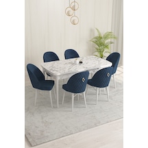 Rovena Olbia Beyaz Mermer Desen 80x132 Açılabilir Mutfak Masası Takımı 6 Adet Sandalye Lacivert 1428