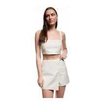 Koton Koton X Melis Ağazat - Astarlı Keten Karışımlı Kolsuz Kare Yaka Çiçekli Askılı Crop Büstiyer Bej 5sak30061uw Ekru