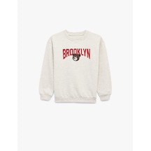 Koton Şardonlu Uzun Kollu Bisiklet Yaka Baskılı Oversize Sweatshirt Bej Melanj 7wmb10079tk