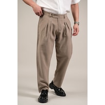 Akçaylar Çift Pileli Yazlık Modal Kumaş Beli Yarım Lastili Baggy Pantolon Krem