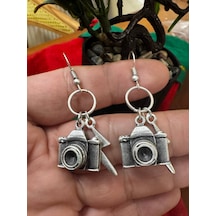 Kamera Ve Yıldırım Figürlü Sallantılı Metal Küpe Çift Parçalı Tasarım Çok Renkli