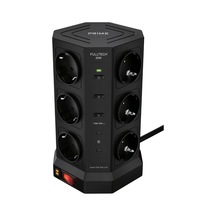 Akım Korumalı Kule Tipi Priz, 12'li Priz Soketi, 12x Fiş Soketi, 3x Usb Girişi, 2x Type-c Girişi, 20w Hızlı Şarj, Isıya Dayanıklı Yapı, 2 Metre Kablo, Aşırı Gerilim Koruyucu 230v/16a /1050j Siyah