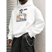Startmore Tarzsokak I'm Fine İskelet Baskılı Erkek Basic Kapüşonlu Üstleri Hip Hop Bol Sweatshirtler Günlük Polar Beyaz