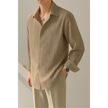 Tarz Cool Erkek Bürümcük Slim Fit Gömlek Yaka Uzun Kollu Gömlek Vizon