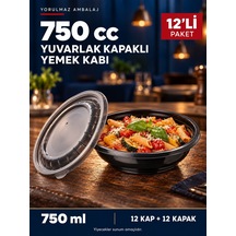 750 Cc Yuvarlak Kapaklı Yemek Kabı 12 Li Set Siyah Paket Servis Ve Porsiyon Kabı