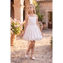 Butik Happy Kids Kız Çocuk Abiye Beyaz Monoray Parlak Kumaş Balon Etekli Askılı Fiyonklu Abiye Elbise 9-12 Yaş Doğum Günü Düğün Davet Elbisesi
