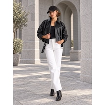 Unika Boutique Kadın Siyah Kemer Detaylı Fermuarlı Oversize Suni Deri Ceket Çok Renkli