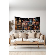Kış Kasabası Desenli Duvar Halısı Duvar Örtüsü Tapestry Süet Dokulu Kumaş