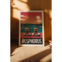 İstanbul Boğazı Tablo - Bosphorus Retro Travel Poster - Çay Keyfi Manzaralı Duvar Dekoru - Çerçeveli Beyaz
