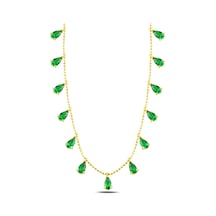 Çekirdekjewelry 925 Ayar Gümüş Rose Kaplama Yeşil Damla Taşlı Zarif Kolye Sarı