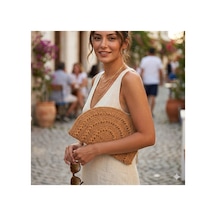 Lento Design El Örgüsü Pamuk Makrome Clutch Çanta Bohem Yarım Ay Tasarım, El Yapımı Şık Portföy Bej