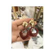 Gold Detaylı Asimetrik Model Bordo Küpe Altın