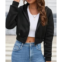 Siyah Kapüşonlu Crop Hırka Sweatshırt Siyah