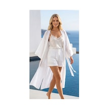 Lila Mare Nakışlı Beyaz Handmade Homewear & Beachwear Kimono Renkli Renkli