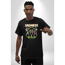 Üzüntü Üzülme Pamuklu Bisiklet Yaka Unisex Oversize Boyfriend Dijital Baskılı Siyah T-shirt Siyah
