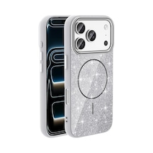Apple İle Uyumlu İphone 17 Pro Max Kılıf M-safe Şarj Özellikli Parlayan Simli Okso Kapak Beyaz
