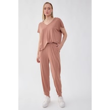 Vitrin Beli Lastikli Paçası Pileli Havuç Rahat Pantolon Camel
