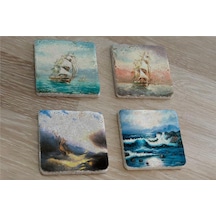 Ivan Aivazovsky Deniz Ve Yelkenliler Doğal Taş Bardak Altlığı 4'lü Set - Natural Stone Coasters - Taş Çok Renkli