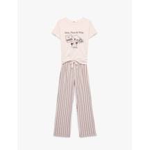 Koton Kısa Kollu Bisiklet Yaka Rahat Kalıp Baskılı Pijama Takımı Pembe 7wlk40179mk Gül