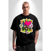 80leri Seviyorum Kaset Ve Özel Hediye Pamuklu Bisiklet Yaka Unisex Oversize Boyfriend Dijital Baskılı Siyah T-shirt Siyah