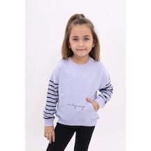 Toontoy Kız Çocuk Relax Fit Bisiklet Yaka Cepli Baskılı Sweatshirt - Kolu Çizgili & 2 İplik Açık Lila