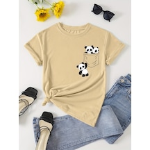 Uyguntarz Unisex Cep Panda Baskılı Tasarım Tshirt Bej