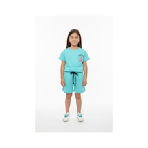 Toontoy Kids Toontoy Kız Çocuk 2'li Şortlu Takım Bisiklet Yaka Düşük Omuz Kısa Kollu Baskılı Tişört - Beli Lastikli Bağlamalı Cepli Şort 25016 Mint Yeşili