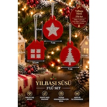 Taşlı Keçe Yılbaşı Süsü 3 Lü Set Çift Taraflı Işıltılı Dekor 4 Renk Seçenekli Kırmızı