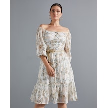 Çiçek Desenli Kadın Elbise - Omzu Açık - Düğme Detaylı - Modern Ve Şık Tasarım - Günlük Ve Özel Günler İçin Elbise Ekru