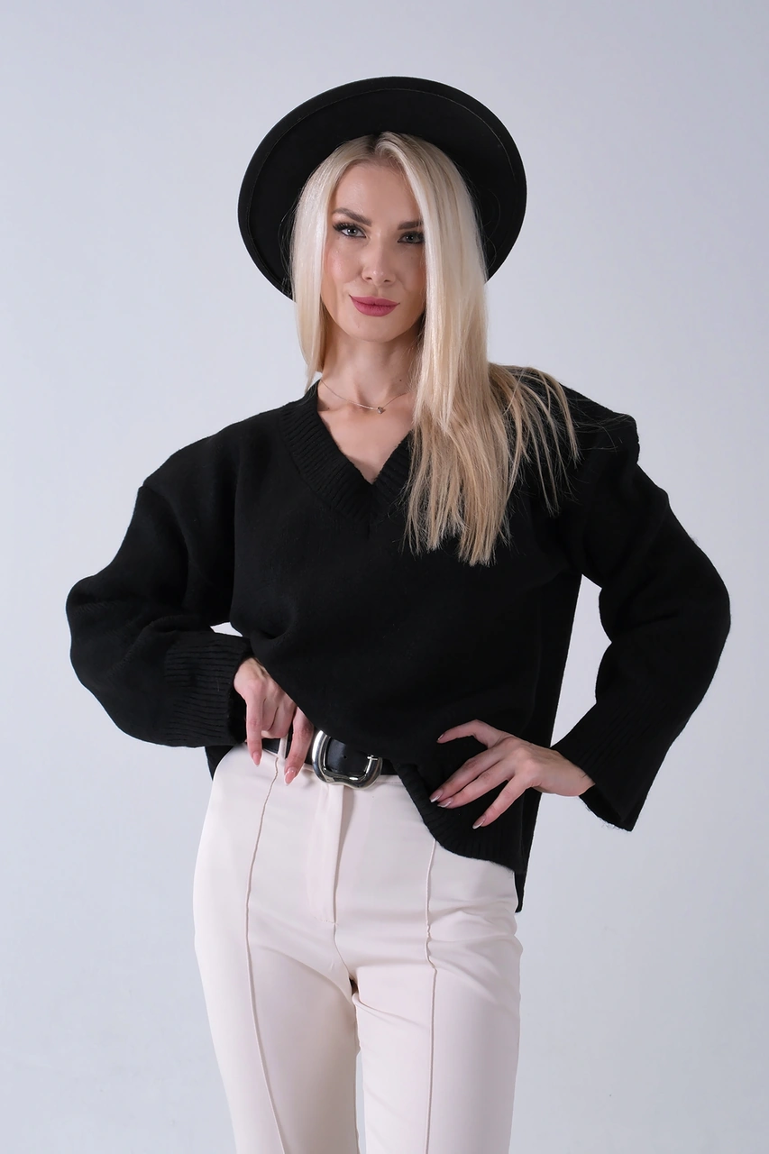 Feminist Siyah V Yaka Beli Lastikli Triko Kazak 46892623.01 Siyah