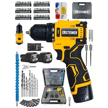 Steiner 88vf Kömürsüz Darbeli Çift Akülü Şarjlı Matkap 60 Nm Tork Armut Batarya 84 Parça Set Sarı