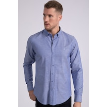 Tudors Slim Fit Dar Kesim Uzun Kol Erkek Gömlek-23352 Mavi