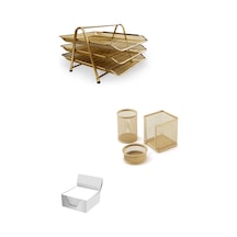 Metal Masa Seti Gold 3' Lü Metal Evrak Rafı , 3' Lü Perfore Set Ve Küp Notluk