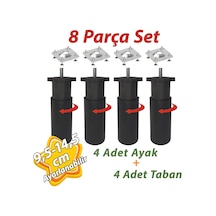4 Adet Destek Ayağı 9,5-14,5 Cm Siyah Ve 4 Adet Metal Düz Ayak Tabanı M8 Civatalı İnce Diş Mobilya Kanepe Baza Koltuk Seti