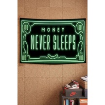 Money Never Sleeps Yeşil Neon Para Temalı Dekoratif Duvar Örtüsü Duvar Halısı Beyaz