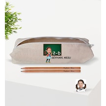 Çocuklara Özel İsimli Sınıflı Kız Öğrenci Karikatürlü Keten Okul